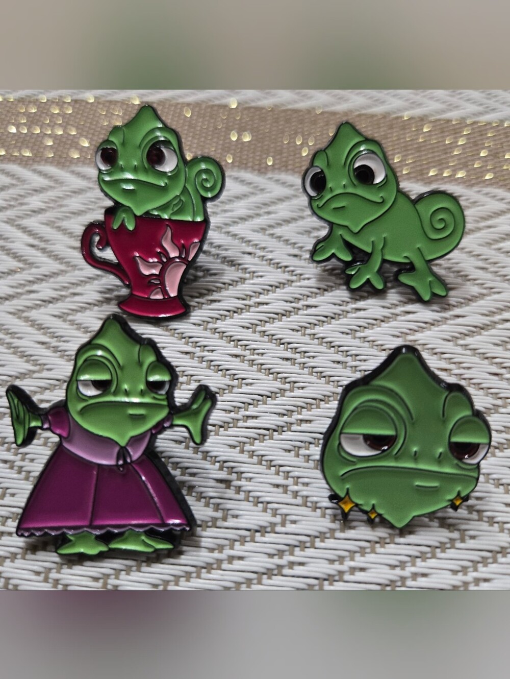 Green Chameleon Enamel Pin Set with Pink Accents